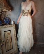 Vintage Ivory Deep V-Neck Beaded 3D Floral Lace Long Classy Prom Dress