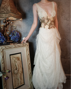 Vintage Ivory Deep V-Neck Beaded 3D Floral Lace Long Classy Prom Dress