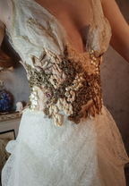 Vintage Ivory Deep V-Neck Beaded 3D Floral Lace Long Classy Prom Dress