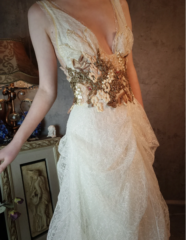 Vintage Ivory Deep V-Neck Beaded 3D Floral Lace Long Classy Prom Dress