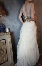 Vintage Ivory Deep V-Neck Beaded 3D Floral Lace Long Classy Prom Dress