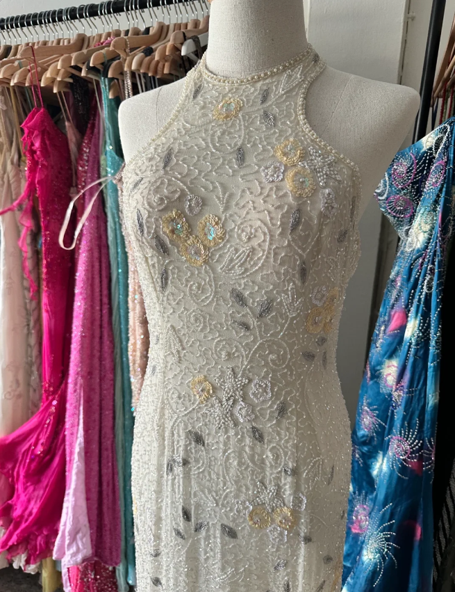 Vintage Ivory Mermaid High-Neck Beaded Floral Mesh Long Classy Prom Dress Secondary image