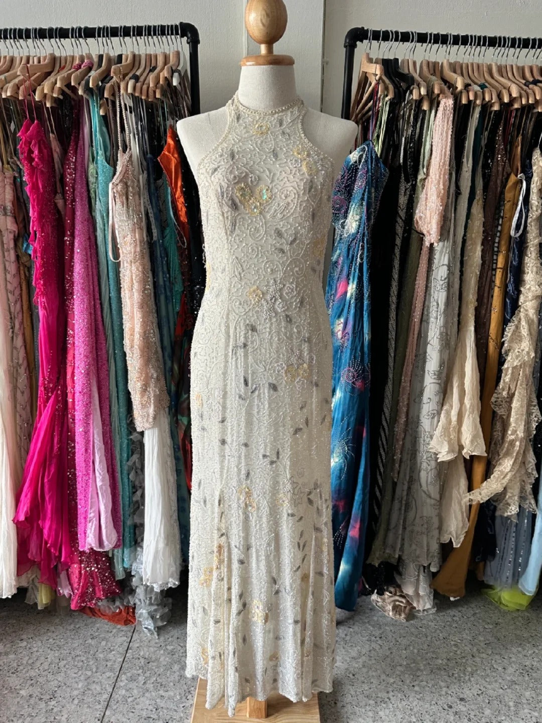 Vintage Ivory Mermaid High-Neck Beaded Floral Mesh Long Classy Prom Dress Main image