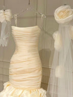 Vintage Ivory Mermaid Strapless 3D Flower Pleated Satin Wedding Dress