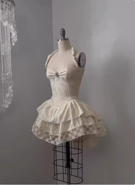 Vintage Jacquard Halter Neck Lace Trim Mini Birthday Skirt Homecoming Dress Secondary image