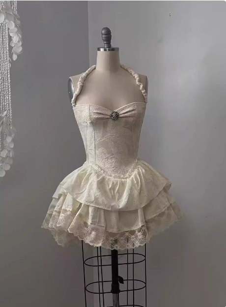 Vintage Jacquard Halter Neck Lace Trim Mini Birthday Skirt Homecoming Dress Main image