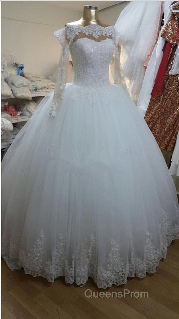 Vintage Lace Appliques Long Sleeves Tulle Wedding Dress Ball Gowns