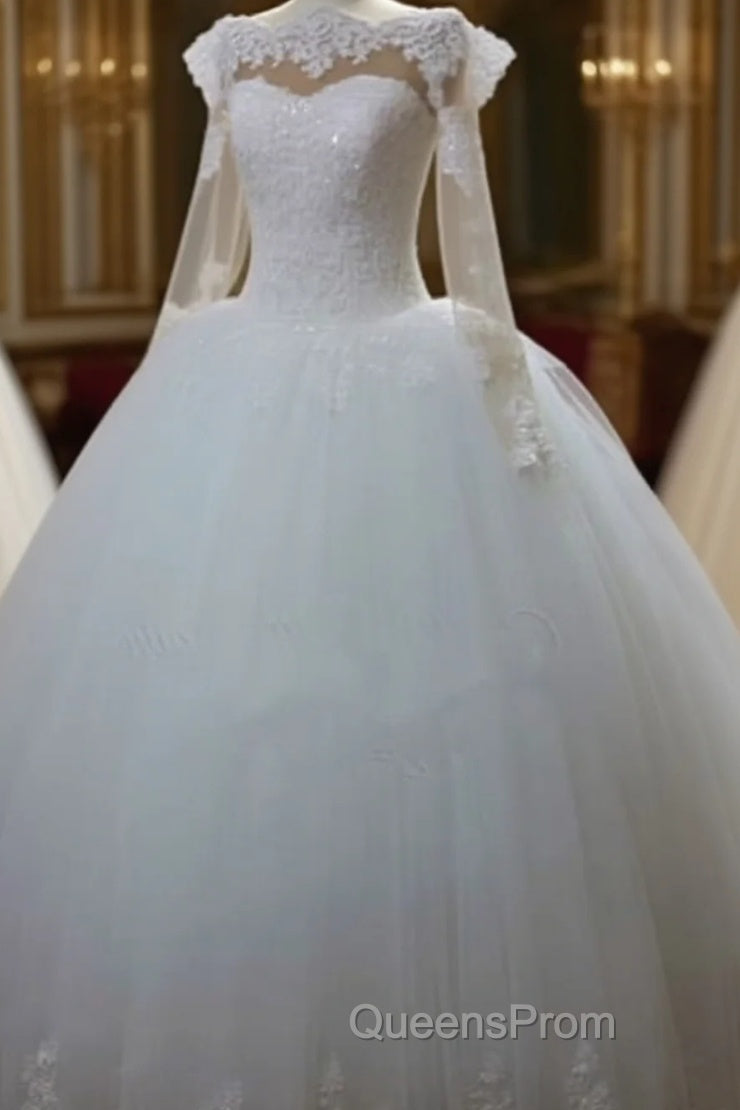 Vintage Lace Appliques Long Sleeves Tulle Wedding Dress Ball Gowns