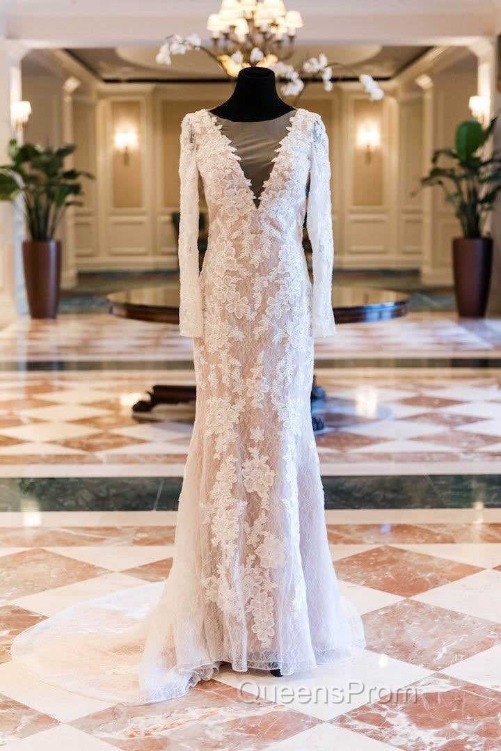 Vintage Lace Long Sleeve See Through Back Nude Mermaid Wedding Dress,