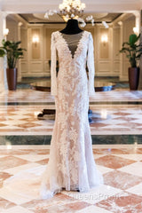 Vintage Lace Long Sleeve See Through Back Nude Mermaid Wedding Dress,