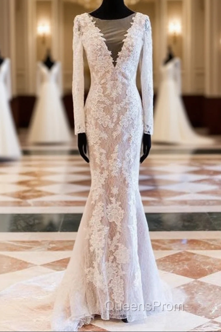 Vintage Lace Long Sleeve See Through Back Nude Mermaid Wedding Dress, Main image