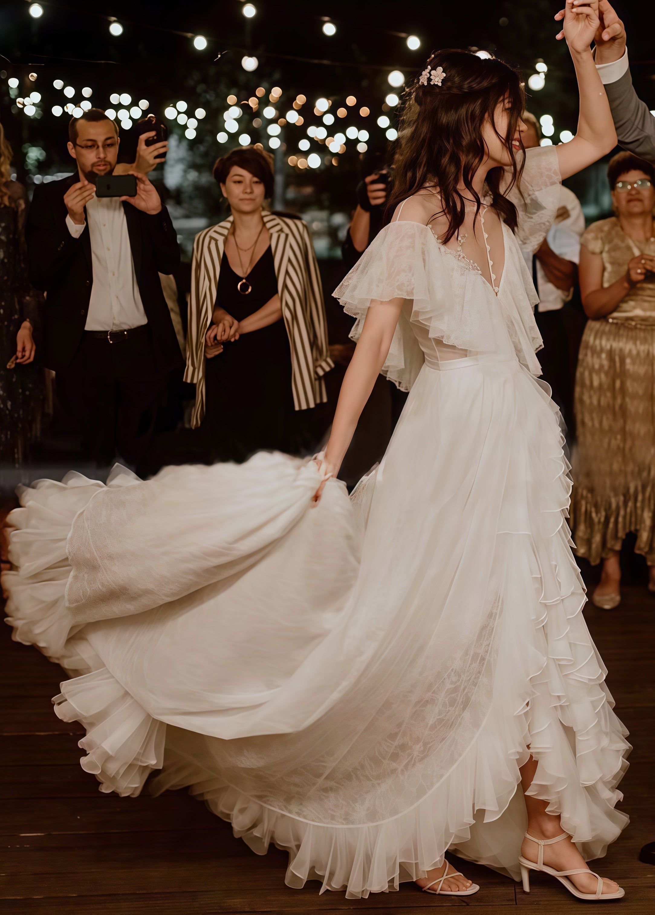 Vintage Lace Ruffle Party Dress, White Wedding Dress With Slit Secondary image