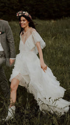 Vintage Lace Ruffle Party Dress, White Wedding Dress With Slit