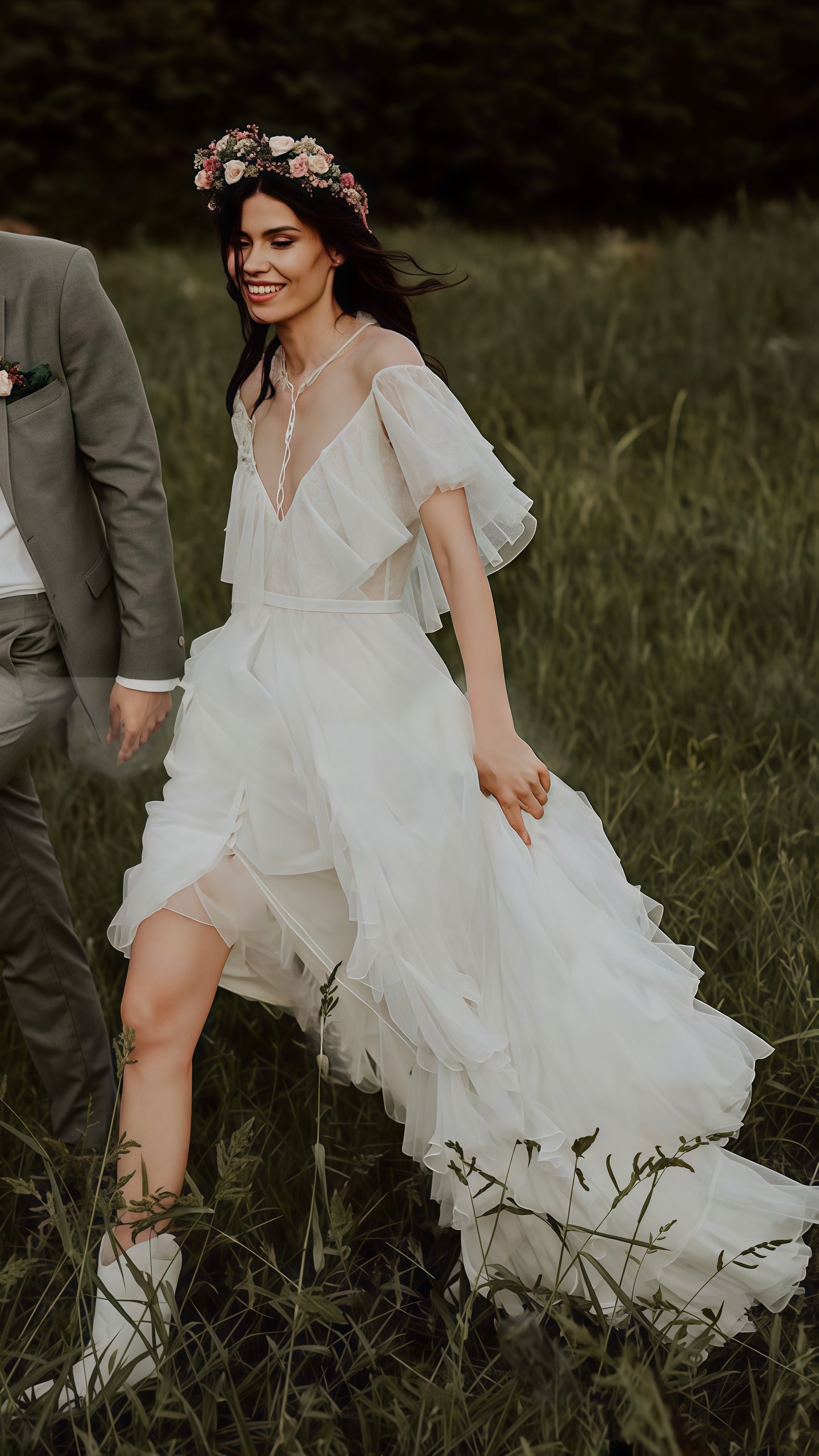Vintage Lace Ruffle Party Dress, White Wedding Dress With Slit