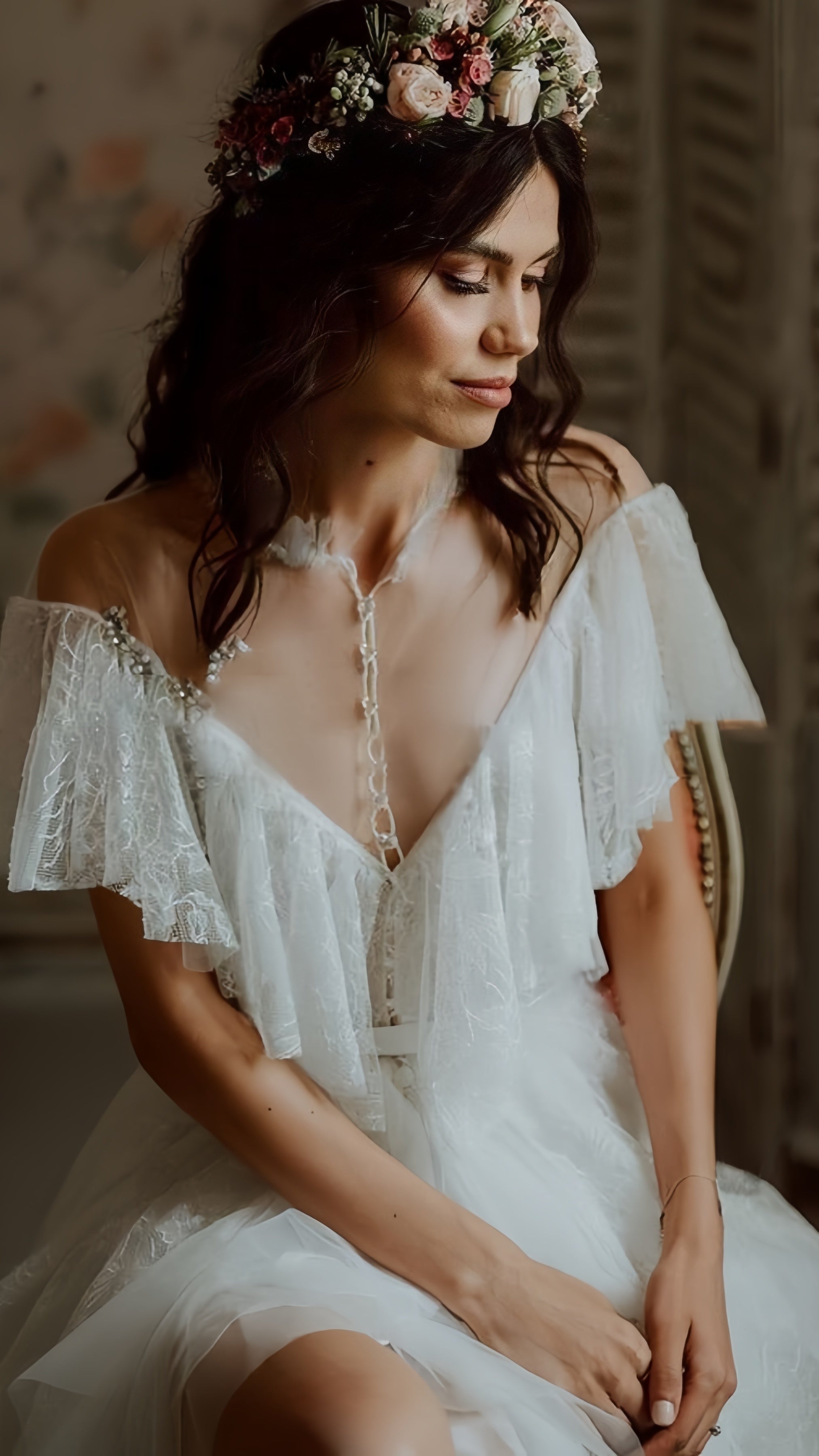 Vintage Lace Ruffle Party Dress, White Wedding Dress With Slit