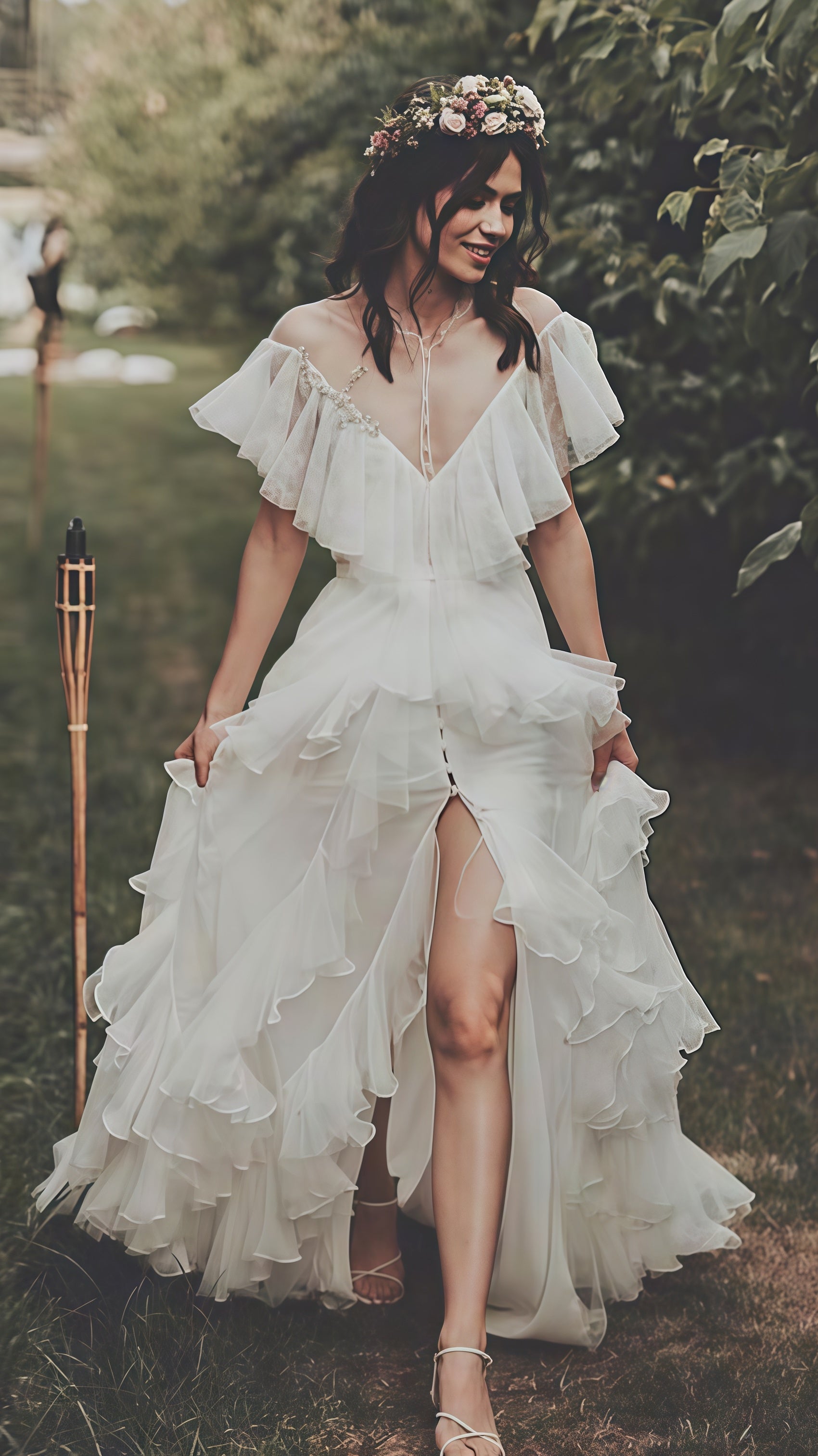 Vintage Lace Ruffle Party Dress, White Wedding Dress With Slit