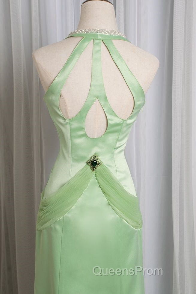 Vintage Light Green Mermaid Halter Satin Beaded Long Evening Prom Dress Secondary image