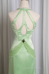 Vintage Light Green Mermaid Halter Satin Beaded Long Evening Prom Dress