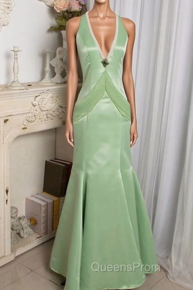 Vintage Light Green Mermaid Halter Satin Beaded Long Evening Prom Dress Main image