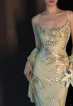 Vintage Light Green Printed Mermaid Strap Chiffon Long Classy Prom Dress