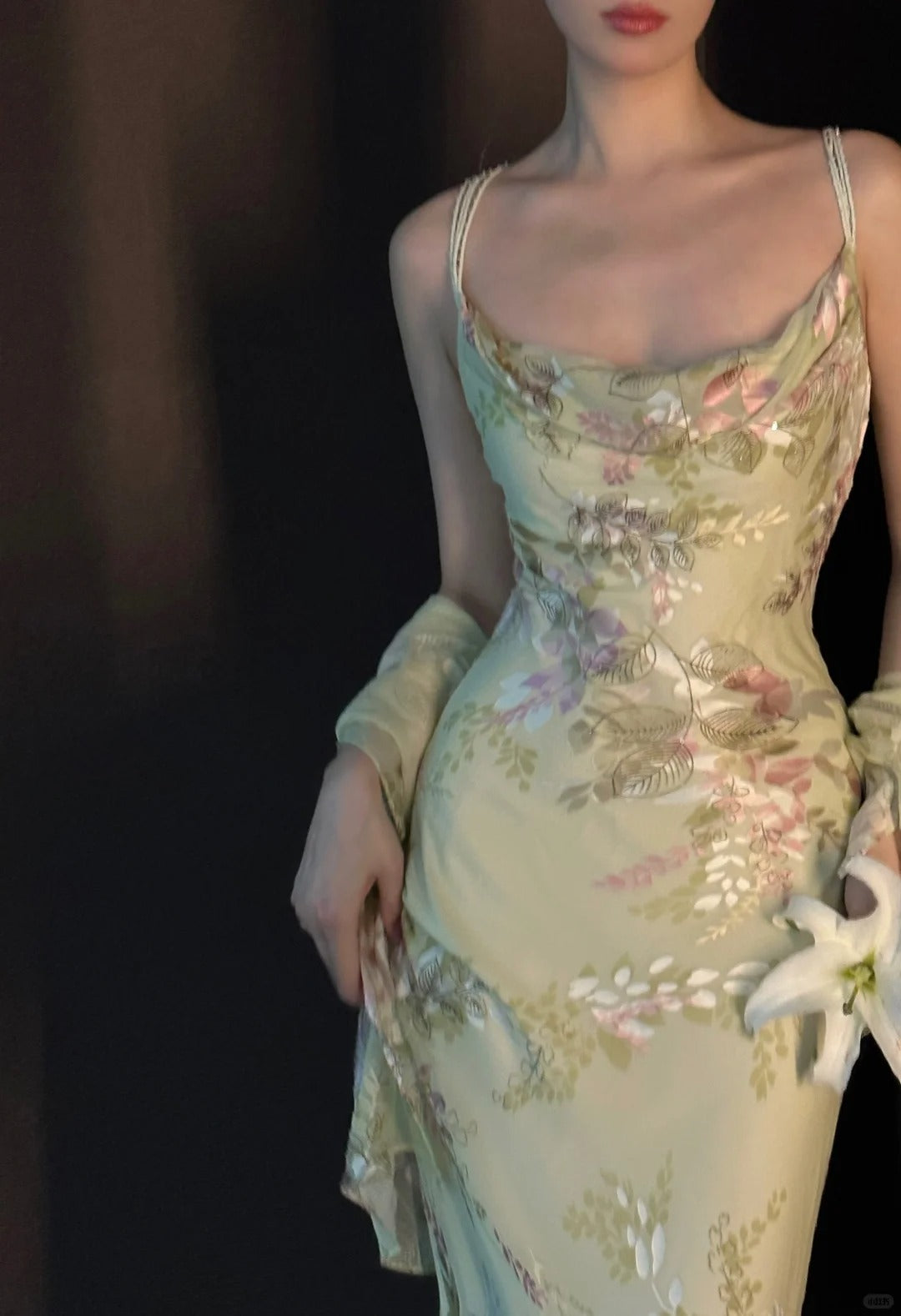 Vintage Light Green Printed Mermaid Strap Chiffon Long Classy Prom Dress