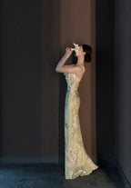 Vintage Light Green Printed Mermaid Strap Chiffon Long Classy Prom Dress