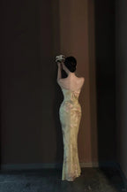 Vintage Light Green Printed Mermaid Strap Chiffon Long Classy Prom Dress