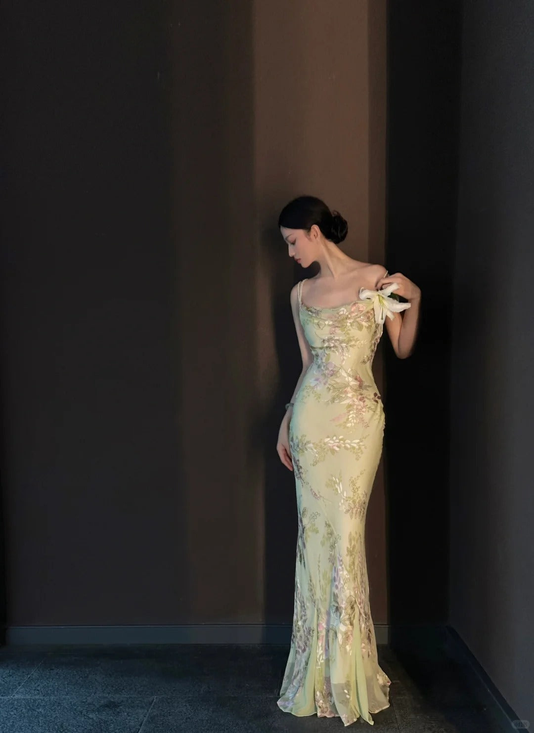 Vintage Light Green Printed Mermaid Strap Chiffon Long Classy Prom Dress