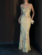 Vintage Light Green Printed Mermaid Strap Chiffon Long Classy Prom Dress