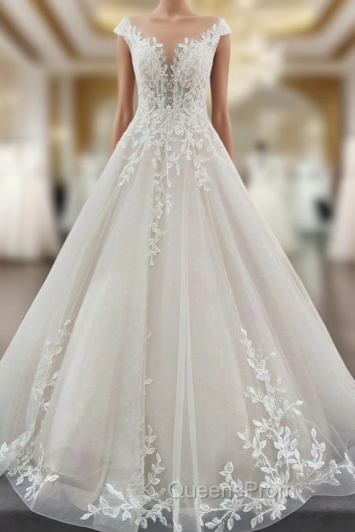Vintage Long A-line Jewel Tulle Ruffles Wedding Dress with Lace Appliques Main image