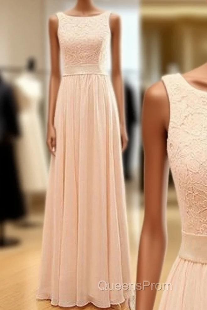 Vintage Long Column Lace Top Bateau Neck Sleeveless Blush Pink Zipper Back Maxi Bridesmaid Dress, Main image
