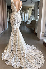 Vintage Long Mermaid V-neck Lace Backless Wedding Dress