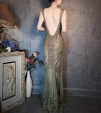 Vintage Luxury Green Mermaid Deep V-Neck Beaded Embroidered Chiffon Long Classy Prom Dress