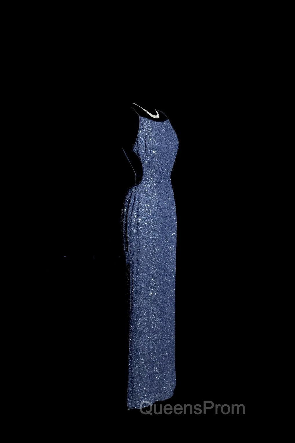 Vintage Mermaid Boat Neck Blue Sequin Backless Evening Prom Gown Fairy Evening Prom Dress