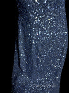 Vintage Mermaid Boat Neck Blue Sequin Backless Evening Prom Gown Fairy Evening Prom Dress