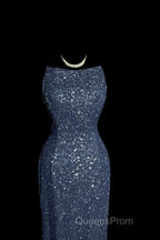 Vintage Mermaid Boat Neck Blue Sequin Backless Evening Prom Gown Fairy Evening Prom Dress