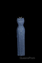 Vintage Mermaid Boat Neck Blue Sequin Backless Evening Prom Gown Fairy Evening Prom Dress