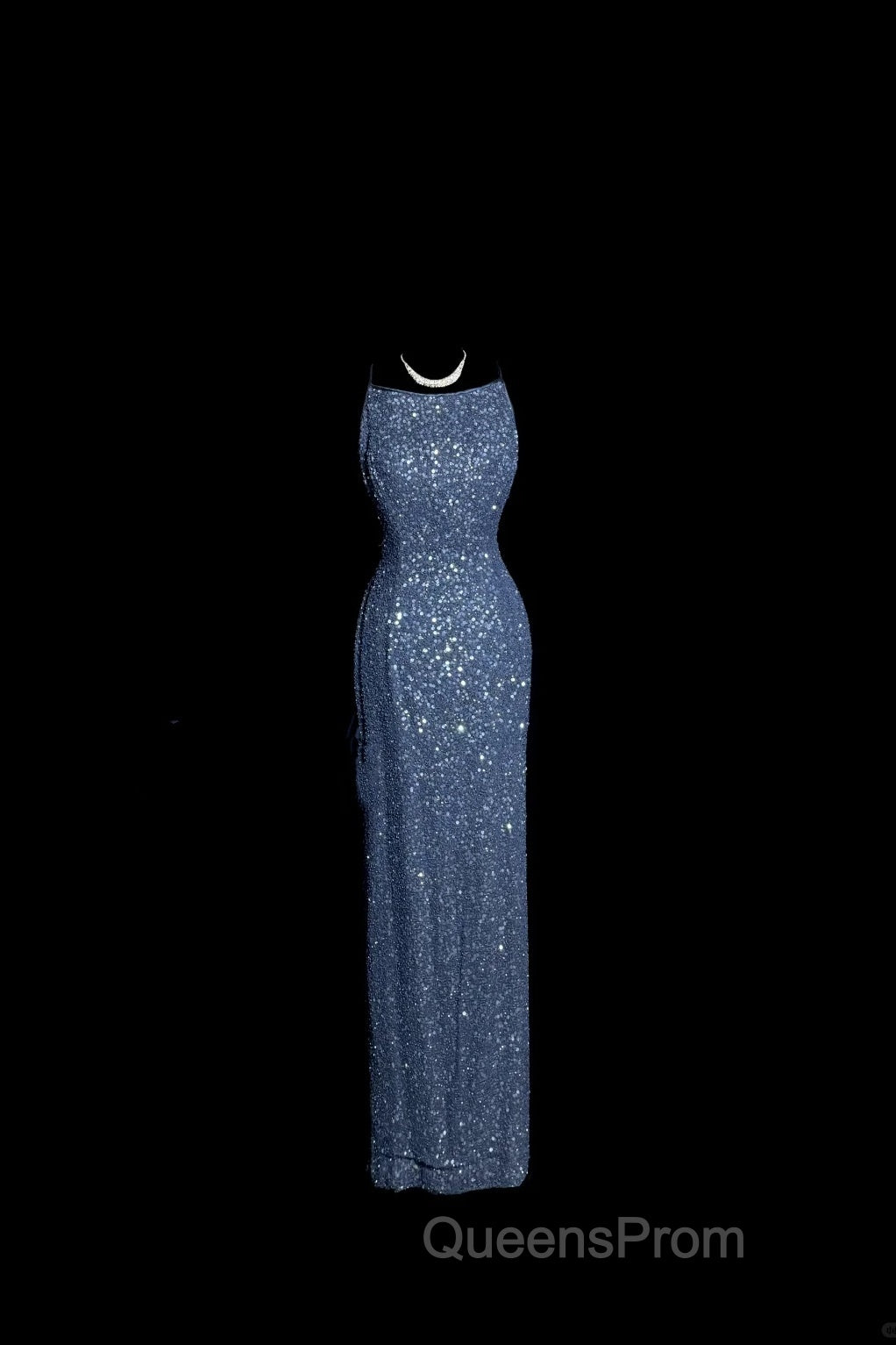 Vintage Mermaid Boat Neck Blue Sequin Backless Evening Prom Gown Fairy Evening Prom Dress