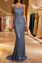 Vintage Mermaid Boat Neck Blue Sequin Backless Evening Prom Gown Fairy Evening Prom Dress