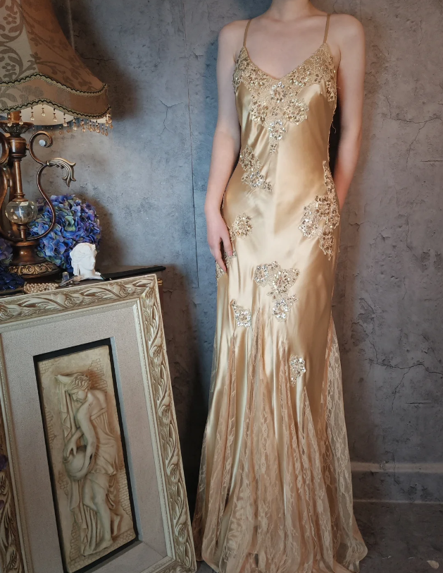 Vintage Mermaid Champagne Gold Sequined Lace Satin Long Classy Prom Dress