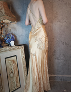 Vintage Mermaid Champagne Gold Sequined Lace Satin Long Classy Prom Dress