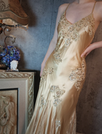 Vintage Mermaid Champagne Gold Sequined Lace Satin Long Classy Prom Dress