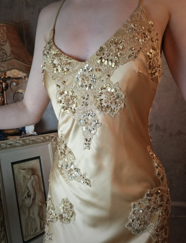 Vintage Mermaid Champagne Gold Sequined Lace Satin Long Classy Prom Dress