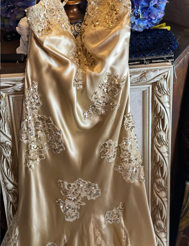 Vintage Mermaid Champagne Gold Sequined Lace Satin Long Classy Prom Dress