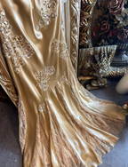 Vintage Mermaid Champagne Gold Sequined Lace Satin Long Classy Prom Dress