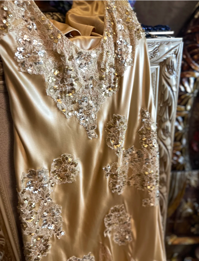 Vintage Mermaid Champagne Gold Sequined Lace Satin Long Classy Prom Dress