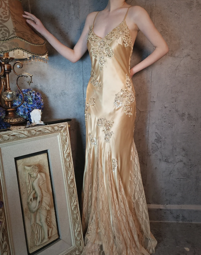 Vintage Mermaid Champagne Gold Sequined Lace Satin Long Classy Prom Dress