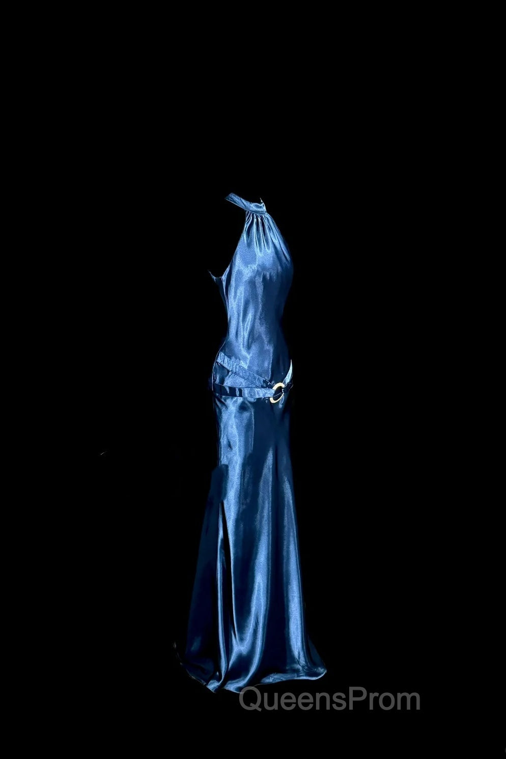 Vintage Mermaid Halter Neck Blue Satin Backless Evening Prom Gown Fairy Evening Prom Dress