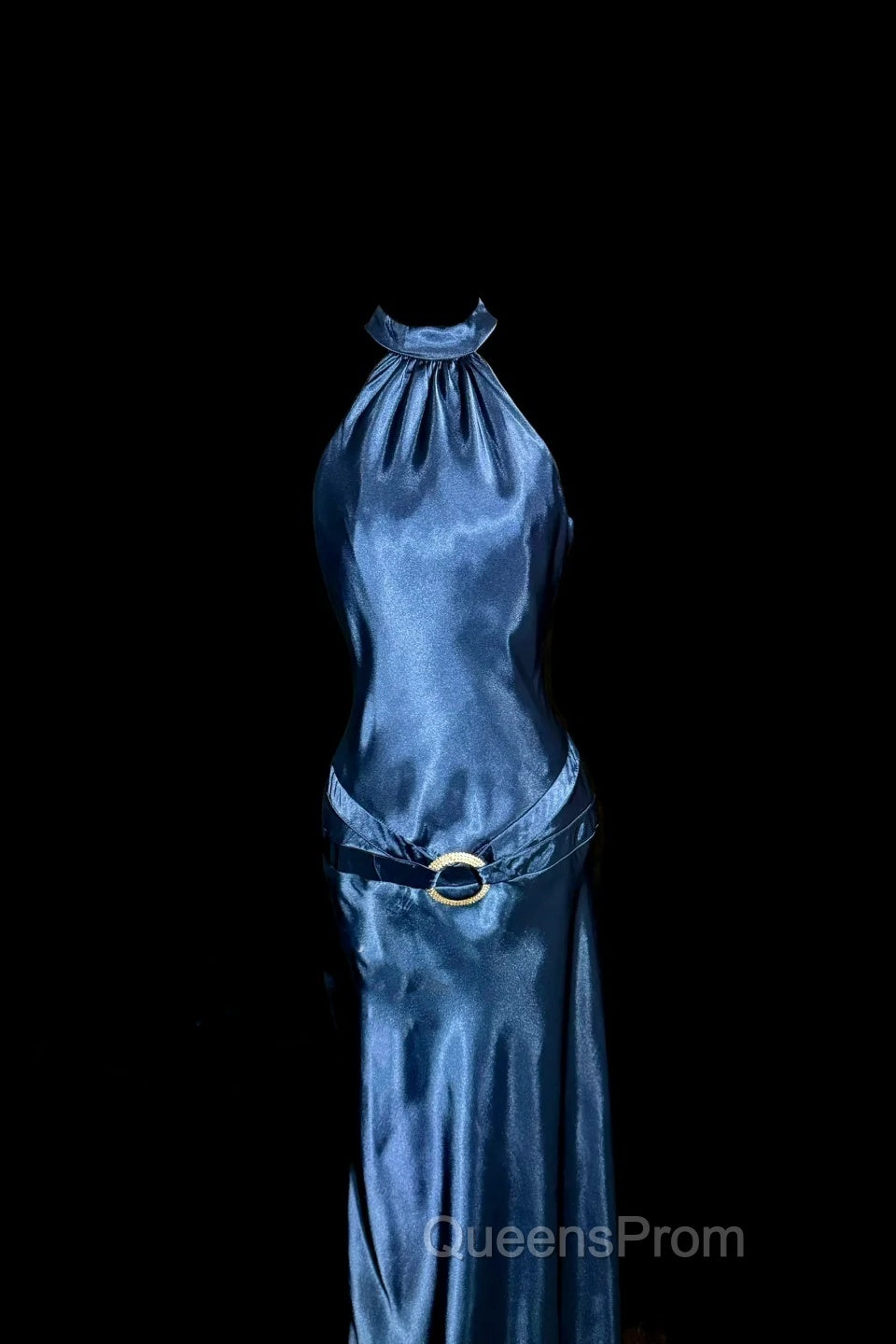 Vintage Mermaid Halter Neck Blue Satin Backless Evening Prom Gown Fairy Evening Prom Dress