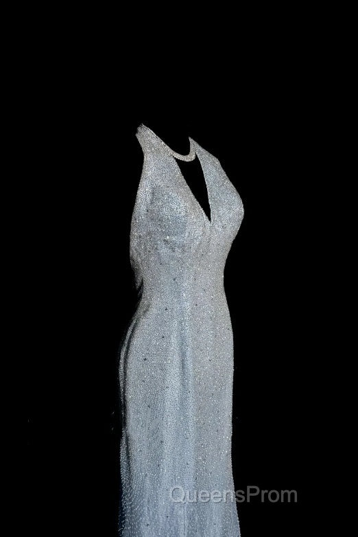 Vintage Mermaid Halter Neck Blue Sequin Evening Prom Gown Fairy Evening Prom Dress